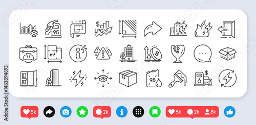 Construction toolbox, Filling station and Rise price line icons pack. Social media: share, comment, like icons. Power, Excise duty, Petrol station web icon. Vector