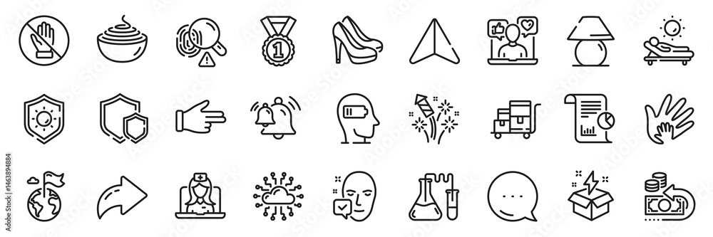 Creative idea, Social responsibility and Fireworks rocket line icons pack. Share, Message, Paper plane icons. Bell, Telemedicine, Pasta web icon. Corrupt, Click hand, Chemistry lab pictogram. Vector