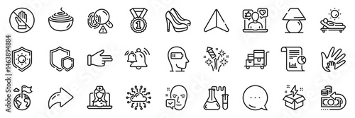 Obraz na płótnie Creative idea, Social responsibility and Fireworks rocket line icons pack. Share, Message, Paper plane icons. Bell, Telemedicine, Pasta web icon. Corrupt, Click hand, Chemistry lab pictogram. Vector w salonie