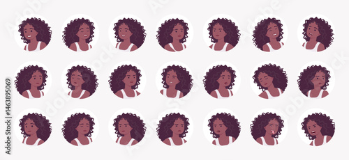 African American woman curly afro hairstyle, female avatar portrait set, modern attractive cool girl bundle. Feelings, face emotion icons, player character mood, user pic circles. Vector illustration