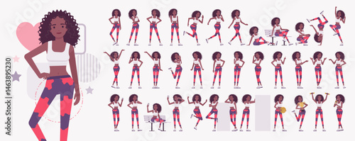 Sporty African American woman curly afro character set, fitness poses bundle. Fit coach, workout yoga leggings, exercise pants for pilates, running, jogging athletic activities. Vector illustration