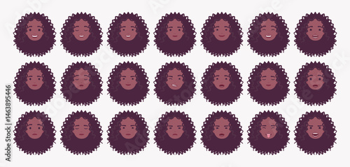 African American woman curly afro hairstyle emotion set, cute girl feelings bundle portrait icons, emotional states, eye gaze, male facial expression pic, smiles, frowns, grimaces. Vector illustration