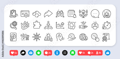 Seo analysis, Wind energy and Social responsibility line icons pack. Social media: share, comment, like icons. Qr code, Lotus, Cloud sync web icon. Safe time, Puzzle, Calendar pictogram. Vector