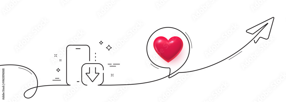 Phone download line icon. Continuous line with share plane. Smartphone app sign. Cellphone mobile device symbol. 3d heart in speech bubble. Phone download single line ribbon. Vector