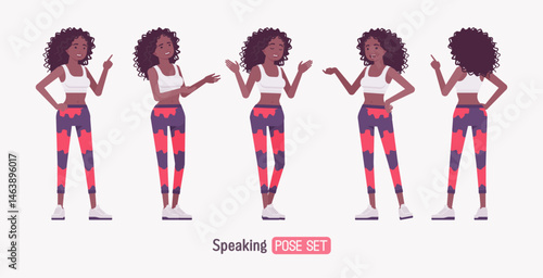 Sporty African American woman curly afro speaking pose set. Fit coach in workout yoga leggings, exercise pants for pilates, running, jogging, sport gym dance. Vector flat style cartoon illustration