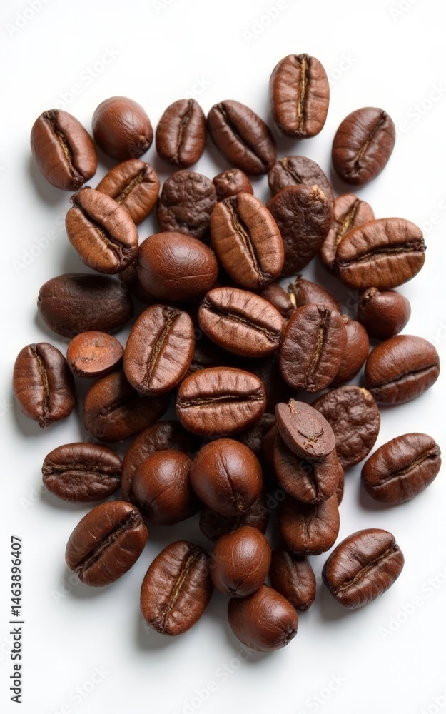 Roasted Coffee Beans with Green Leaves on White Background Roasted Coffee Beans with Green Leaves on White Background