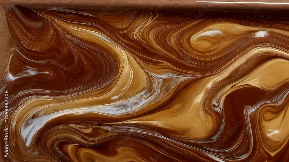 Abstract brown marbled swirl background, showcasing fluid acrylic paint mixing with white and beige shades, swirling effect pattern, close up
