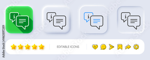 Information line icon. Neumorphic, Flat shadow, 3d buttons. Info speech bubble sign. Help inform symbol. Line info icon. Social media icons. Vector