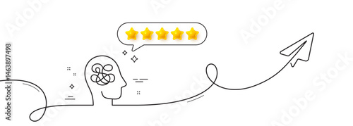 Anxiety line icon. Continuous line with share plane. Stress or Think worry sign. Mental health symbol. Five star rate review in speech bubble. Anxiety single line ribbon. Loop curve pattern. Vector