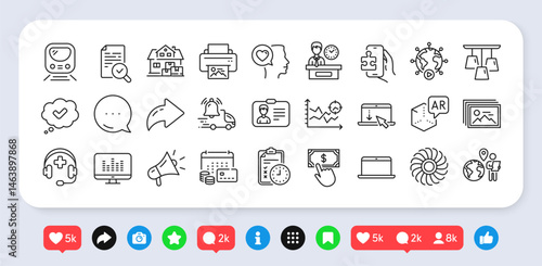 Presentation time, Medical support and Delivery notification line icons pack. Social media: share, comment, like icons. Print image, Augmented reality, Ceiling lamp web icon. Vector