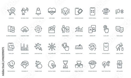addiction to social media line icon set