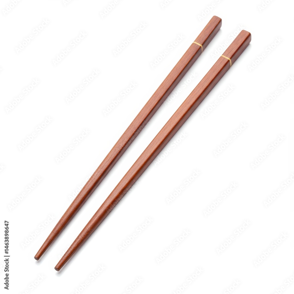 Pair of wooden chopsticks with gold detail lying flat isolated on white background Pair of wooden chopsticks with gold detail lying flat isolated on white background