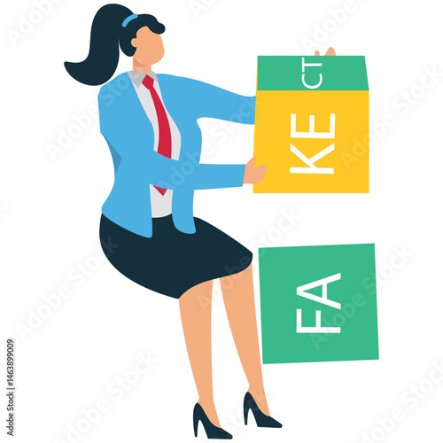 A Businesswoman rolls over the word fact and sees the word fake, illustration for fake news, hoax, illegal report, misinformation