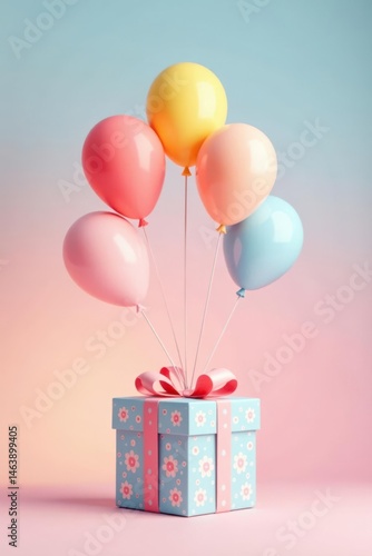 Pastel Balloons Adorn a Gift Box with Delicate Floral Pattern
