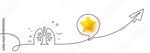 Lungs line icon. Continuous line with share plane. Pneumonia disease sign. Respiratory distress symbol. 3d star in speech bubble. Lungs single line ribbon. Loop curve pattern. Vector