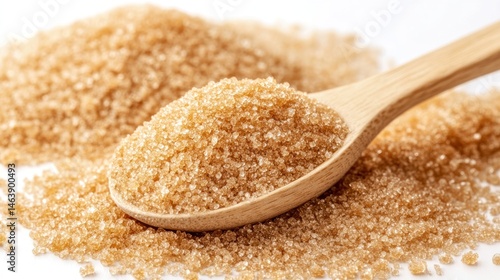Light brown sugar crystals on a wooden spoon.  A close-up view of granulated brown sugar, showcasing its texture and color.  The sugar is piled up on a white surface