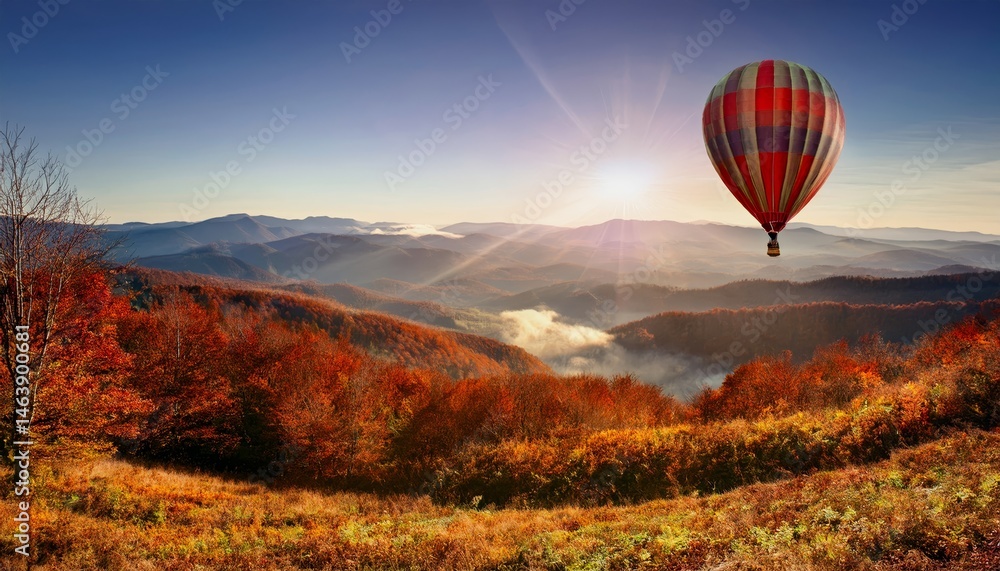 Fototapeta premium Hot Air Balloon Soaring Over Autumnal Mountain Landscape at Sunrise
