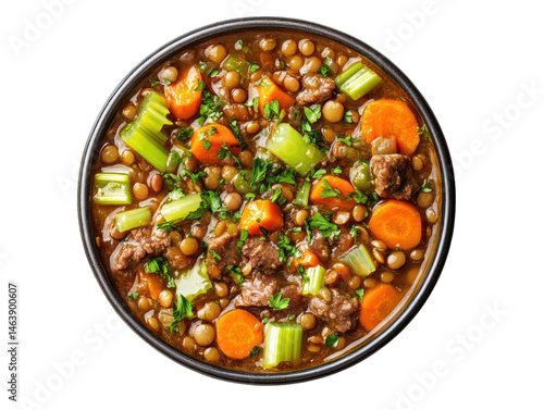 Hearty lentil soup with beef and vegetables
