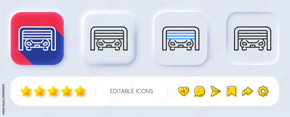 Fototapeta premium Parking garage line icon. Neumorphic, Flat shadow, 3d buttons. Auto park sign. Car place symbol. Line parking garage icon. Social media icons. Vector