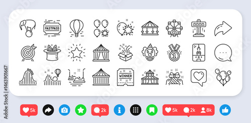 Amusement park line icons. Social media: share, comment, like icons. Set of Circus, Carousel and Roller coaster icons. Air balloon, Crane claw machine and Fastpass symbols. Vector