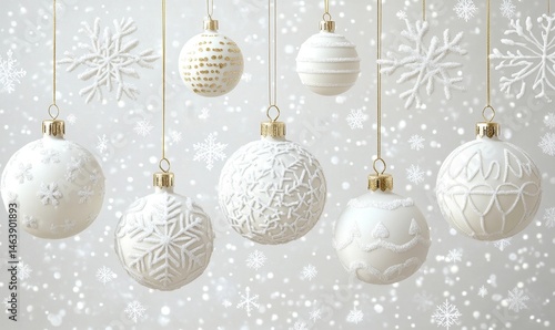 White background with hanging snowflakes and white Christmas balls, golden text Merry Christmas and Happy New Year Christmas greeting card design, Generative AI