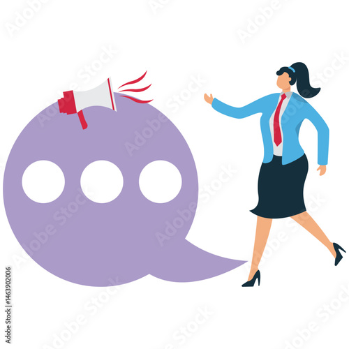 A Businesswoman holding a megaphone over a chat bubble, illustration for public relations, corporate announcements, promotional media, sales announcements