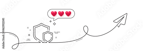 Obraz na płótnie Shields line icon. Continuous line with share plane. Privacy secure sign. Safe defense symbol. Hearts rate review in speech bubble. Shields single line ribbon. Loop curve pattern. Vector w salonie