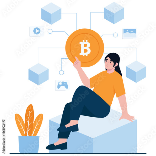 Blockchain technology.  Vector illustration of  A woman holding a Bitcoin token surrounded by multimedia blockchain links. Isolated on background