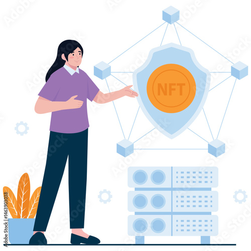 Blockchain technology.  Vector illustration of a woman demonstrating a secure blockchain network that protects NFTs. Isolated on background