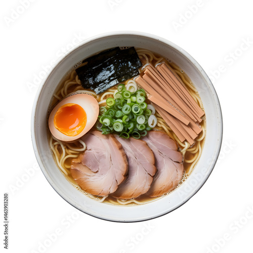 Delicious Ramen Noodles in Broth on White Background