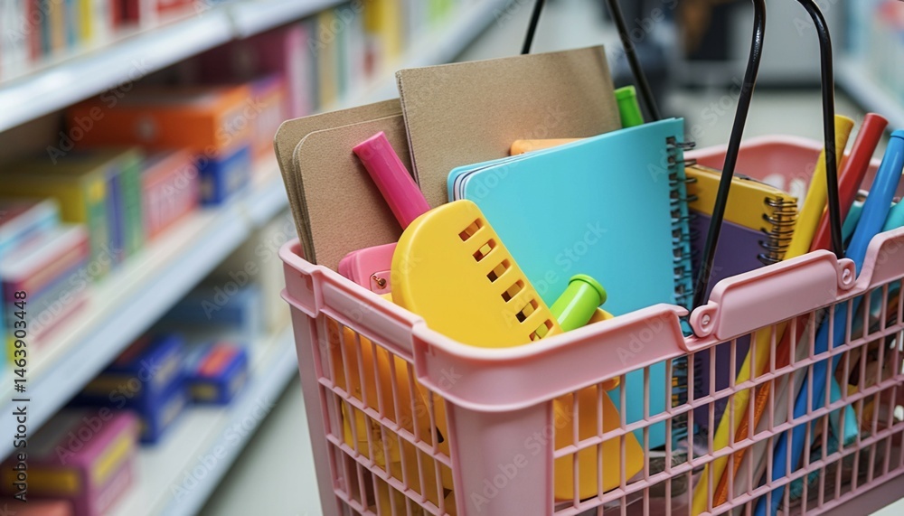 A pink basket filled with school supplies, including notebooks, pens, and pencils. The basket is in a store, surrounded by shelves of books
