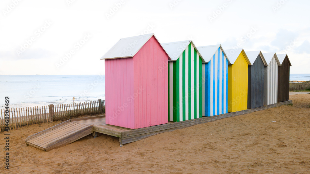 colored beach huts changing room on beach oleron french isle in atlantic coast