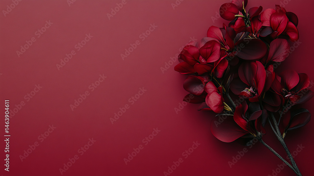Elegant red flowers arranged beautifully against deep red background create striking visual. rich colors evoke sense of warmth and passion, perfect for various occasions Elegant red flowers arranged beautifully against deep red background create striking visual. rich colors evoke sense of warmth and passion, perfect for various occasions