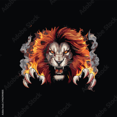 Ferocious digital artwork of a roaring lion with sharp claws and a fiery mane, surrounded by smoky effects. The design includes bold text 'The Punisher,' making it a perfect fit for streetwear, esport