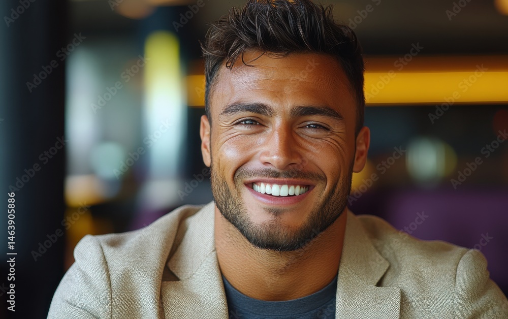 Obraz premium A man with a beard and a smile is sitting in a restaurant