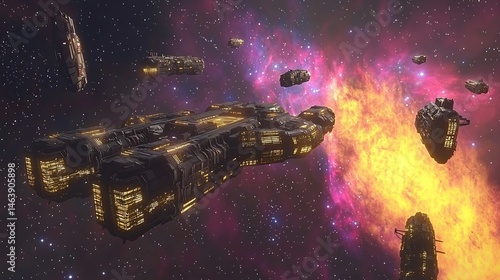 Fototapeta Naklejka Na Ścianę i Meble -  Glowing space station orbiting vibrant nebula futuristic ships floating nearby cinematic galactic hub