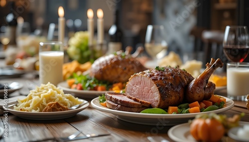 roasted lamb and chiken chops with potatoes in a dinner table