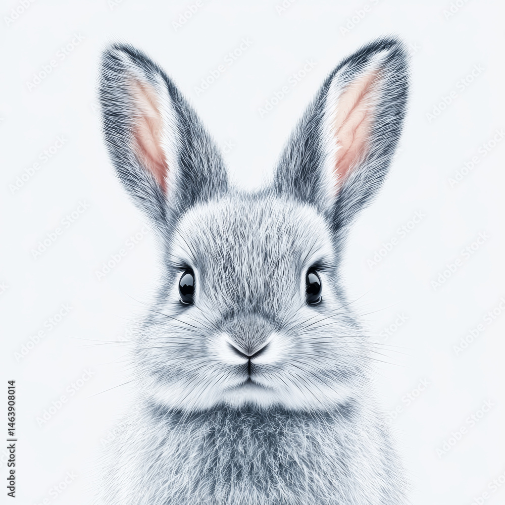 Obraz premium cute rabbit with soft gray fur and large expressive eyes, set against clean white background, evokes sense of calm and innocence. This adorable animal captures attention with its charming features