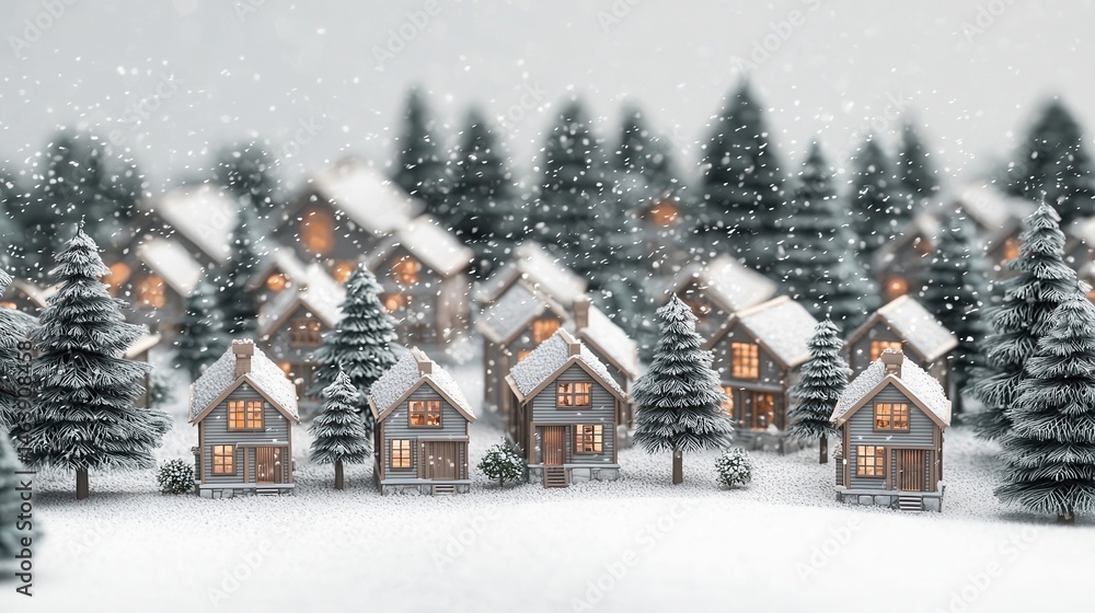 Fototapeta premium Winter Village Scene Cozy Snow Covered Houses and Snowy Evergreen Trees