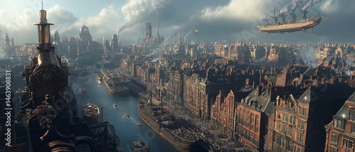 bustling steampunk city where brass automata roam the streets, and airships dock on massive floating platforms, Generative AI