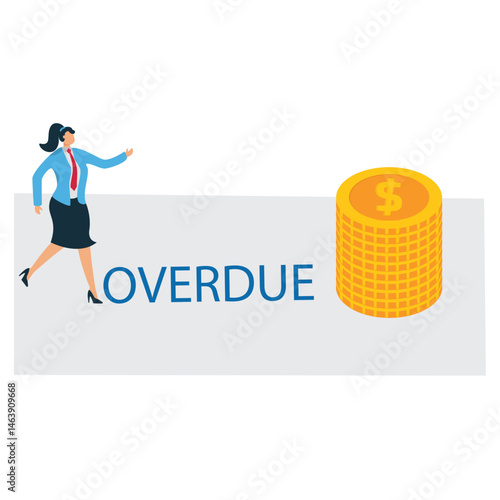 A Businesswoman stands thinking while looking at a bill on the floor, illustration of a late bill, financial problems, budgeting failure, financial planning failure