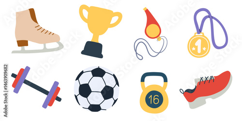 Sports equipment set. Color icon. Vector fitness freehand illustration. Football, soccer ball, whistle; dumbbell; kettlebell; medal; cup and skates