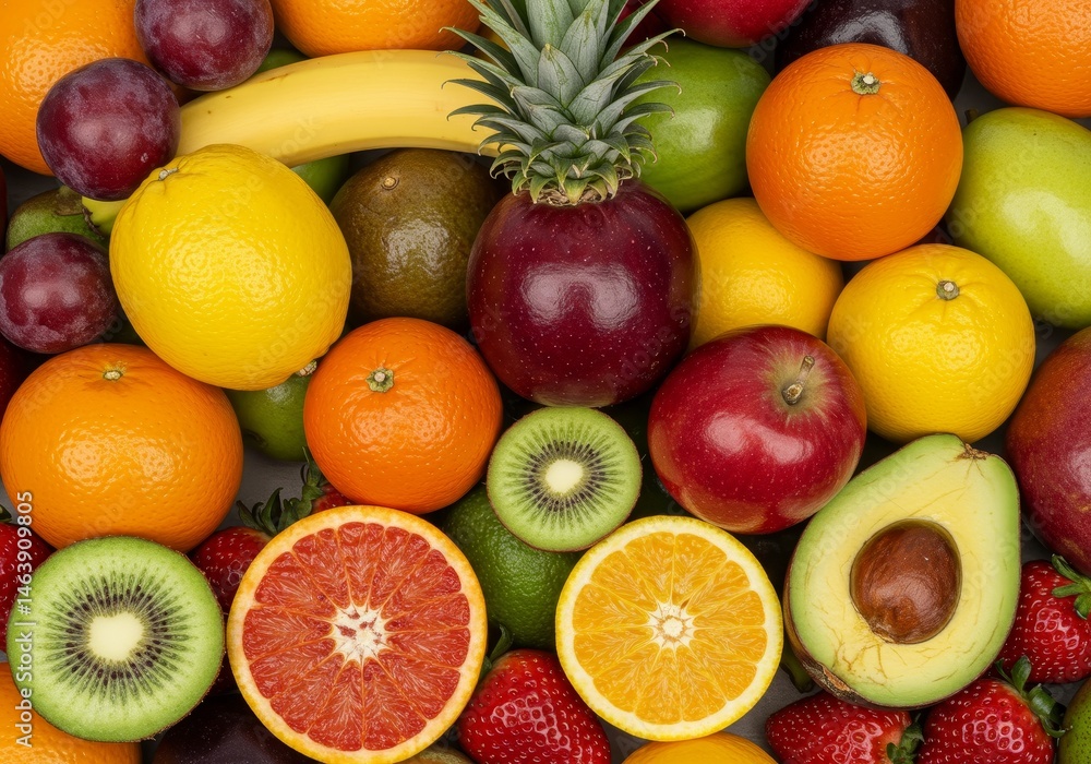 Fresh Colorful Tropical Fruits Still Life Overhead Macro Shot Fresh Colorful Tropical Fruits Still Life Overhead Macro Shot