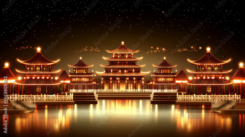 Obraz premium stunning night scene featuring traditional Asian architecture illuminated by warm lights, reflecting beautifully on water. serene atmosphere evokes sense of peace and wonder