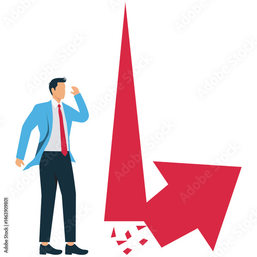 A Businessman thinking in front of a chart that fell to the ground, an illustration of learning from mistakes, self-development, error analysis, never giving up