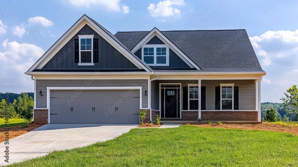 Fototapeta premium House with Gray Siding and Green Lawn
