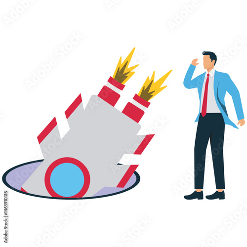 A Businessman thinking next to a rocket that failed to fly, an illustration of learning from mistakes, self-development, error analysis, never giving up