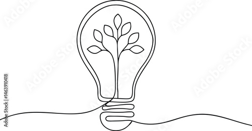 Continuous one line drawing of a light bulb with a tree inside, symbolizing eco-friendly and creative concept

