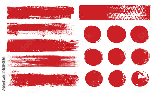 Straight red ink vector lines pack. Bloody color long and round hand-drawn brushstroke text highlights, frames, circles. Asian calligraphy brushstroke set collection. Rough grunge abstract scribbles