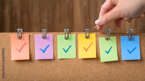 Colorful task list affixed to corkboard with check marks.